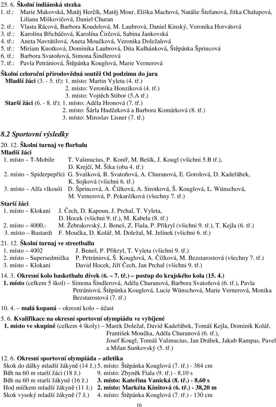 tř.: Barbora Svatoňová, Simona Šindlerová 7. tř.: Pavla Petrániová, Štěpánka Kouglová, Marie Vernerová Školní celoroční přírodovědná soutěž Od podzimu do jara Mladší žáci (3. - 5. tř): 1.