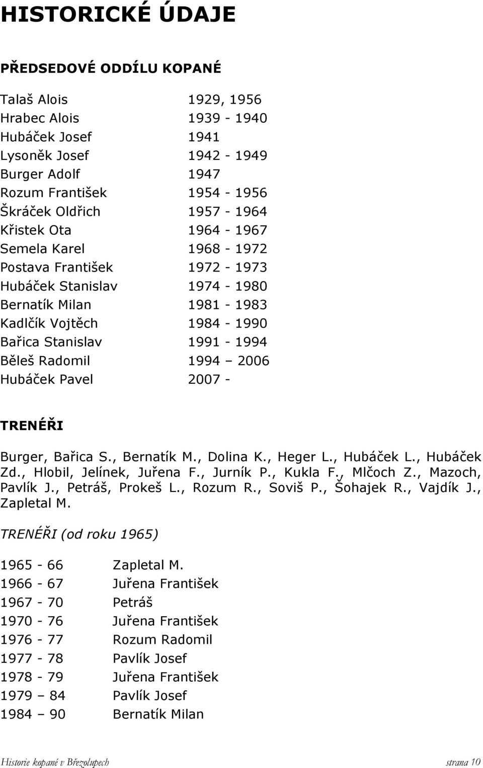 Radomil 1994 2006 Hubáček Pavel 2007 - TRENÉŘI Burger, Bařica S., Bernatík M., Dolina K., Heger L., Hubáček L., Hubáček Zd., Hlobil, Jelínek, Juřena F., Jurník P., Kukla F., Mlčoch Z.