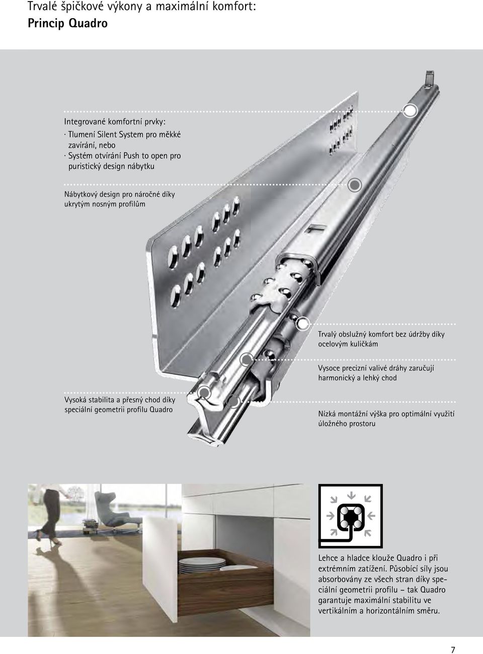 a lehký chod Vysoká stabilita a přesný chod díky speciální geometrii profilu Quadro Nízká montážní výška pro optimální využití úložného prostoru Lehce a hladce klouže Quadro i při