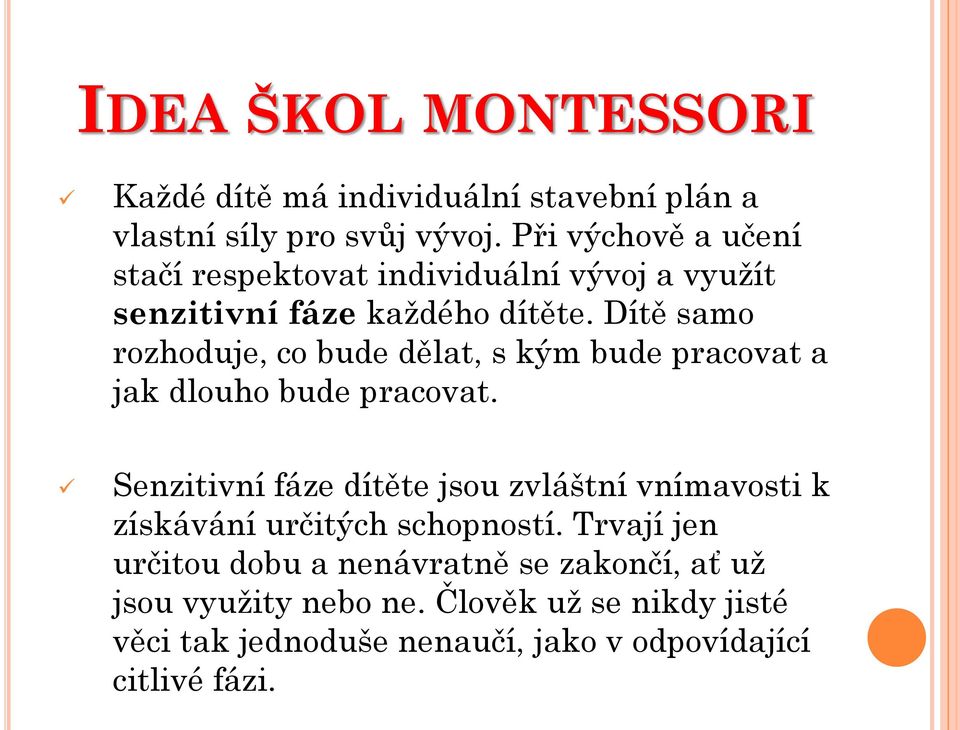 Dítě samo rozhoduje, co bude dělat, s kým bude pracovat a jak dlouho bude pracovat.