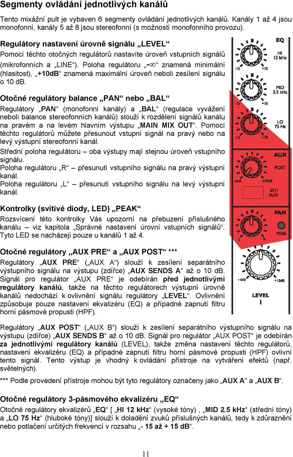 Regulátory nastavení úrovně signálu LEVEL Pomocí těchto otočných regulátorů nastavíte úroveň vstupních signálů (mikrofonních a LINE ).