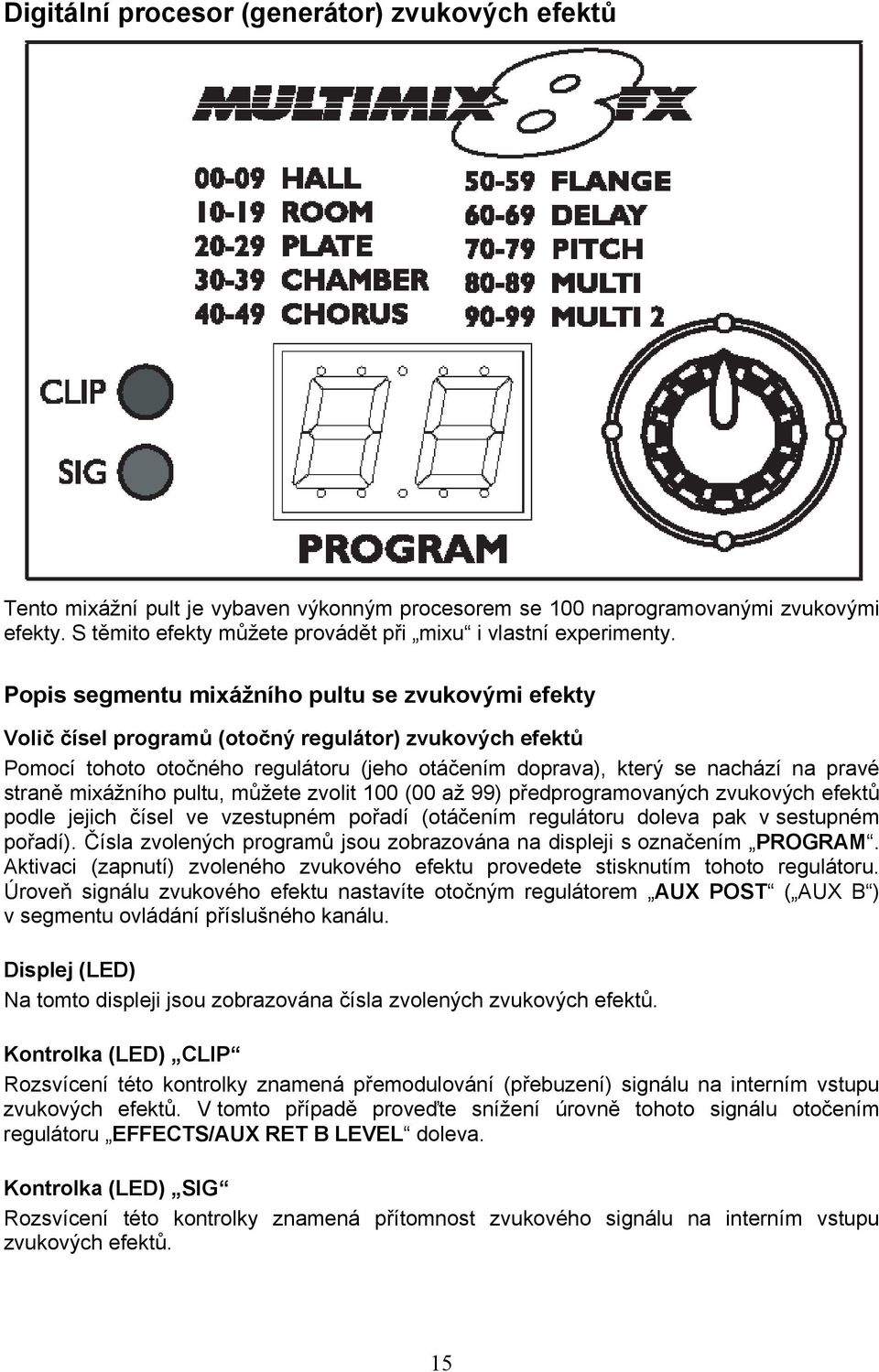 Popis segmentu mixážního pultu se zvukovými efekty Volič čísel programů (otočný regulátor) zvukových efektů Pomocí tohoto otočného regulátoru (jeho otáčením doprava), který se nachází na pravé straně