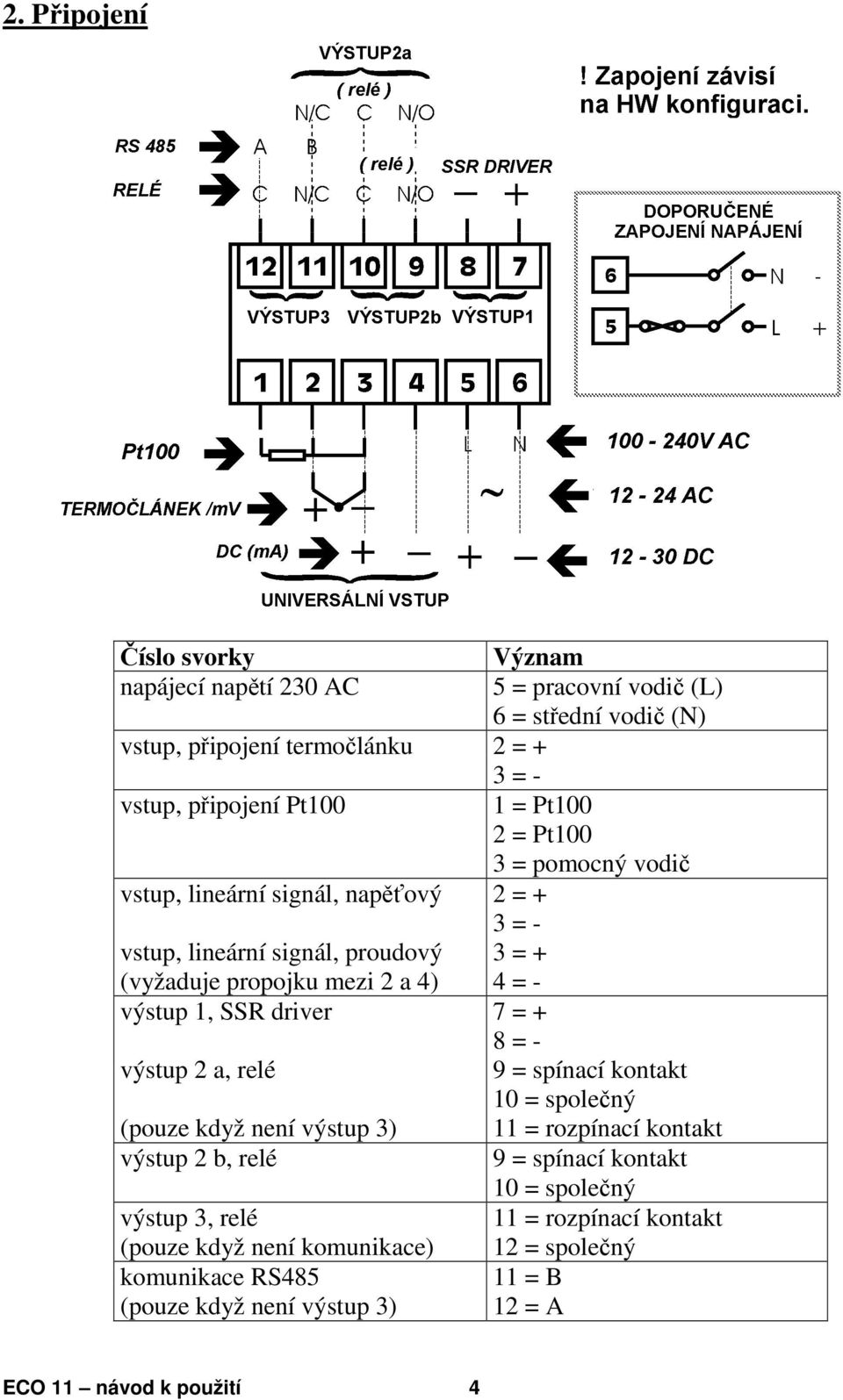 SSR driver 7 = + 8 = - výstup 2 a, relé 9 = spínací kontakt 10 = společný (pouze když není výstup 3) 11 = rozpínací kontakt výstup 2 b, relé 9 = spínací kontakt 10 =