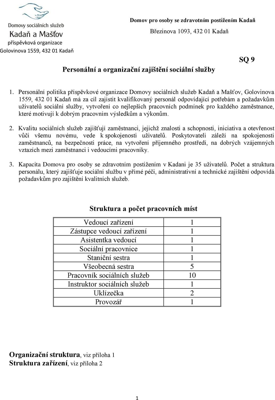 uživatelů sociální služby, vytvoření co nejlepších pracovních podmínek pro každého zaměstnance, které motivují k dobrým pracovním výsledkům a výkonům. 2.