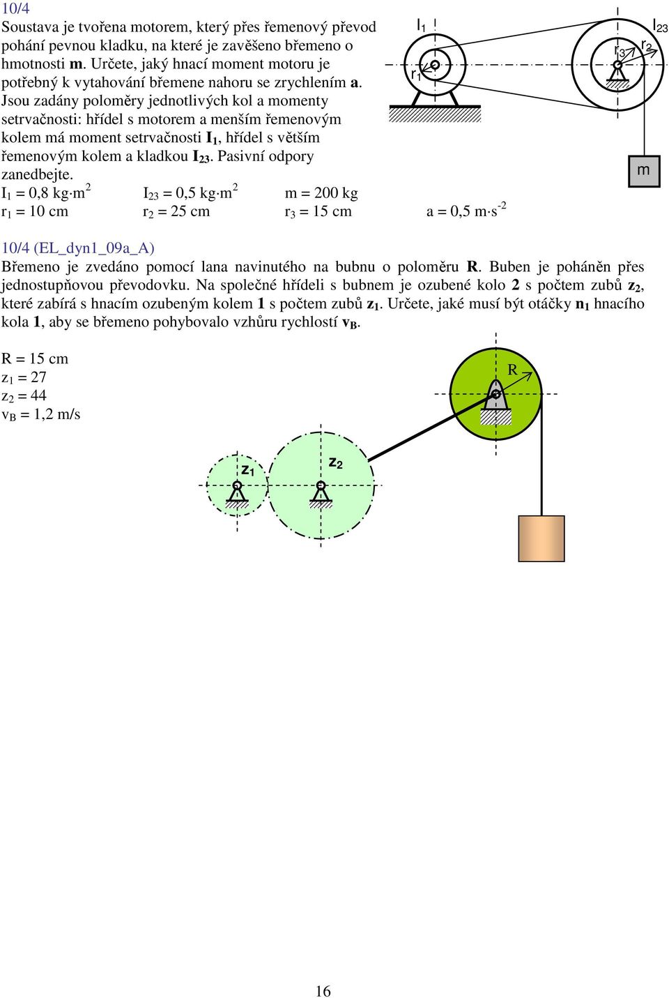 1 Jsou zadány poloěry jednotlivých kol a oenty setrvačnosti: hřídel s otore a enší řeenový kole á oent setrvačnosti I 1, hřídel s větší řeenový kole a kladkou I 23. Pasivní odpory zanedbejte.