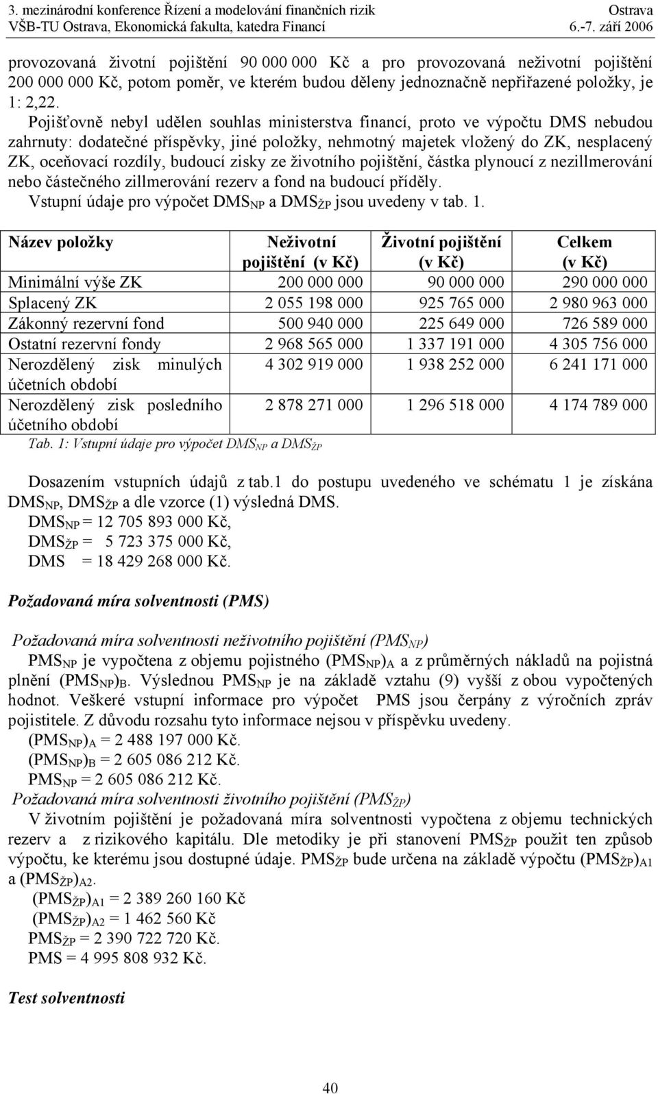 budoucí zisky ze životního pojištění, částka plynoucí z nezillmerování nebo částečného zillmerování rezerv a fond na budoucí příděly. Vstupní údaje pro výpočet DMS NP a DMS ŽP jsou uvedeny v tab. 1.