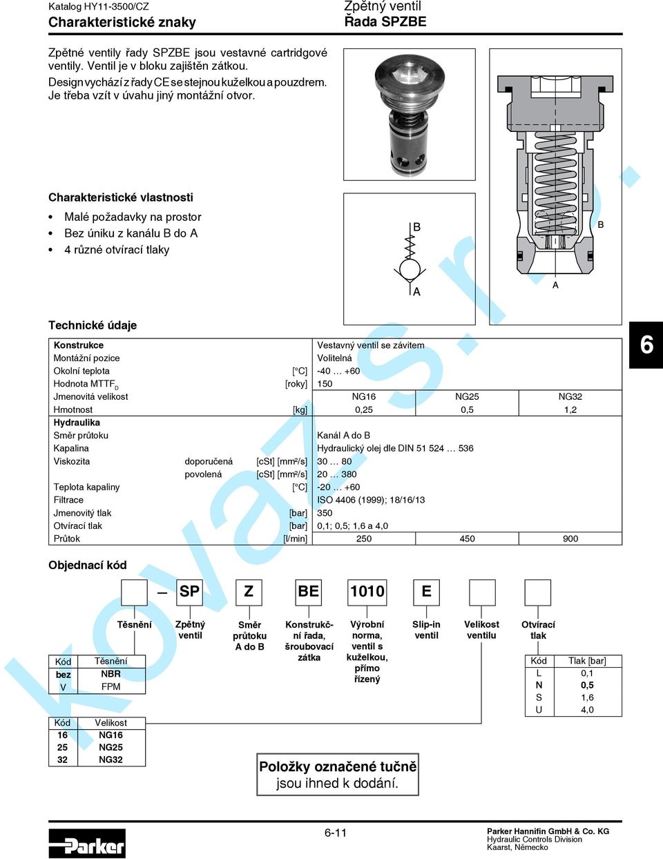 Charakteristické vlastnosti Malé požadavky na prostor Bez úniku z kanálu B do A 4 různé otvírací tlaky Technické údaje Konstrukce Vestavný ventil se závitem Montážní pozice Volitelná Okolní teplota [