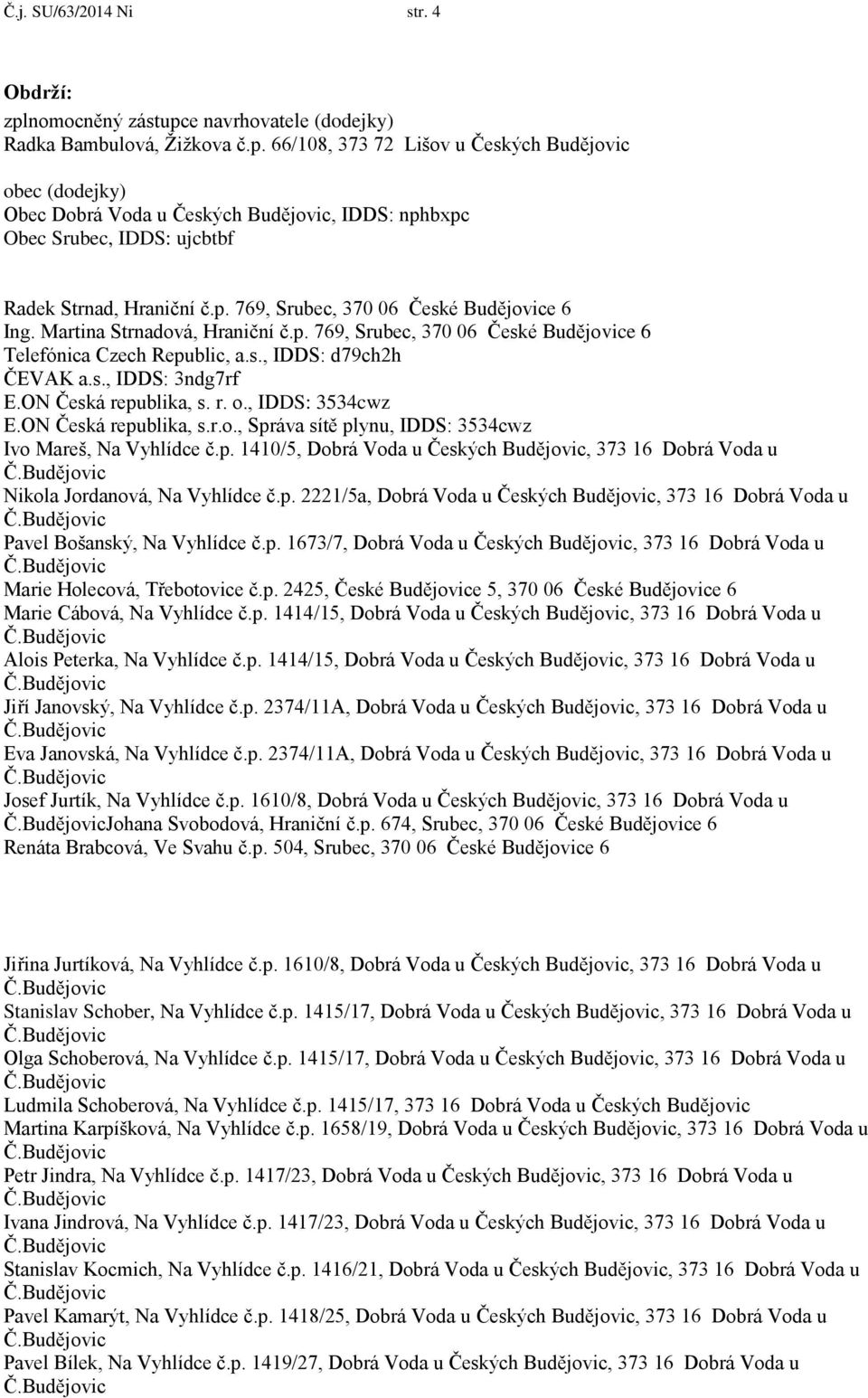 ON Česká republika, s. r. o., IDDS: 3534cwz E.ON Česká republika, s.r.o., Správa sítě plynu, IDDS: 3534cwz Ivo Mareš, Na Vyhlídce č.p. 1410/5, Dobrá Voda u Českých Budějovic, 373 16 Dobrá Voda u Nikola Jordanová, Na Vyhlídce č.