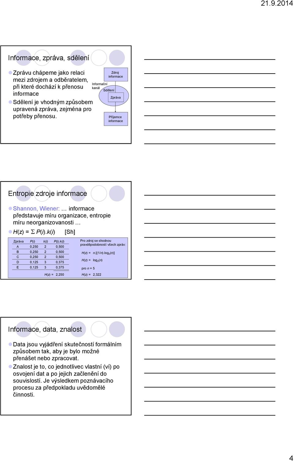 k(i) [Sh] Entropie Zpráva P(i) je střední k(i) P(i).k(i) hodnota Pro míry zdroj se shodnou potřebné A 0,50 k odstranění 0,500 neurčitosti, která je B 0,50 0,500 H(z) = n.[(1/n).