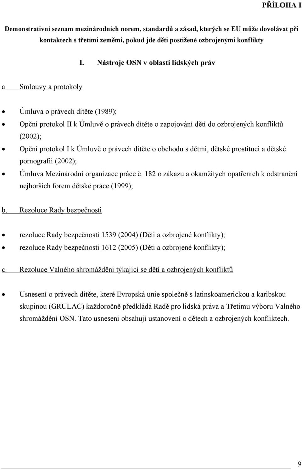 Smlouvy a protokoly Úmluva o právech dítěte (1989); Opční protokol II k Úmluvě o právech dítěte o zapojování dětí do ozbrojených konfliktů (2002); Opční protokol I k Úmluvě o právech dítěte o obchodu