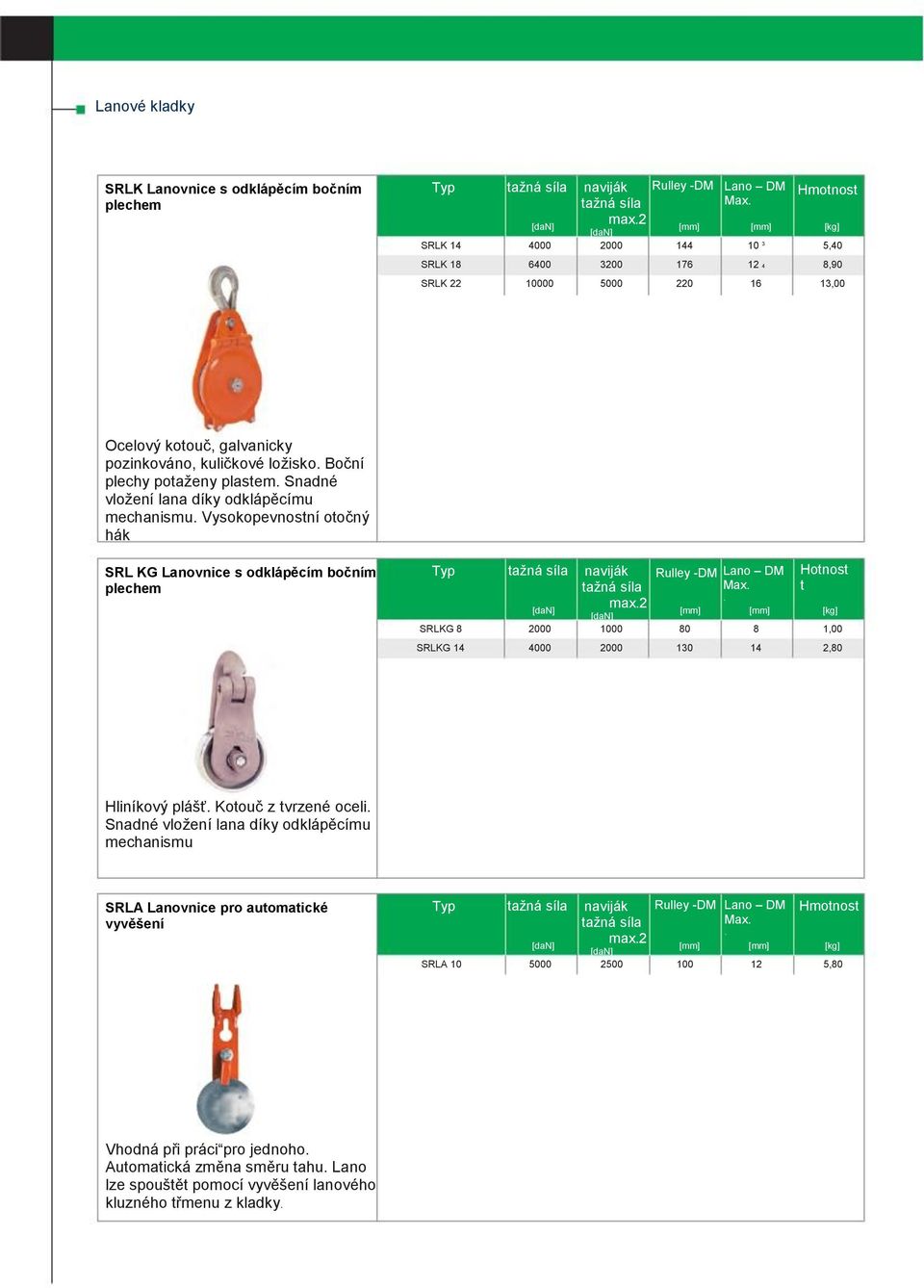 Snané vožení ana íky okápěcímu mechanismu. Vysokopevnostní otočný hák SRL KG Lanovnice s okápěcím bočním pechem SRLKG naviják max.2 00 Ruey -DM 0 Lano DM.