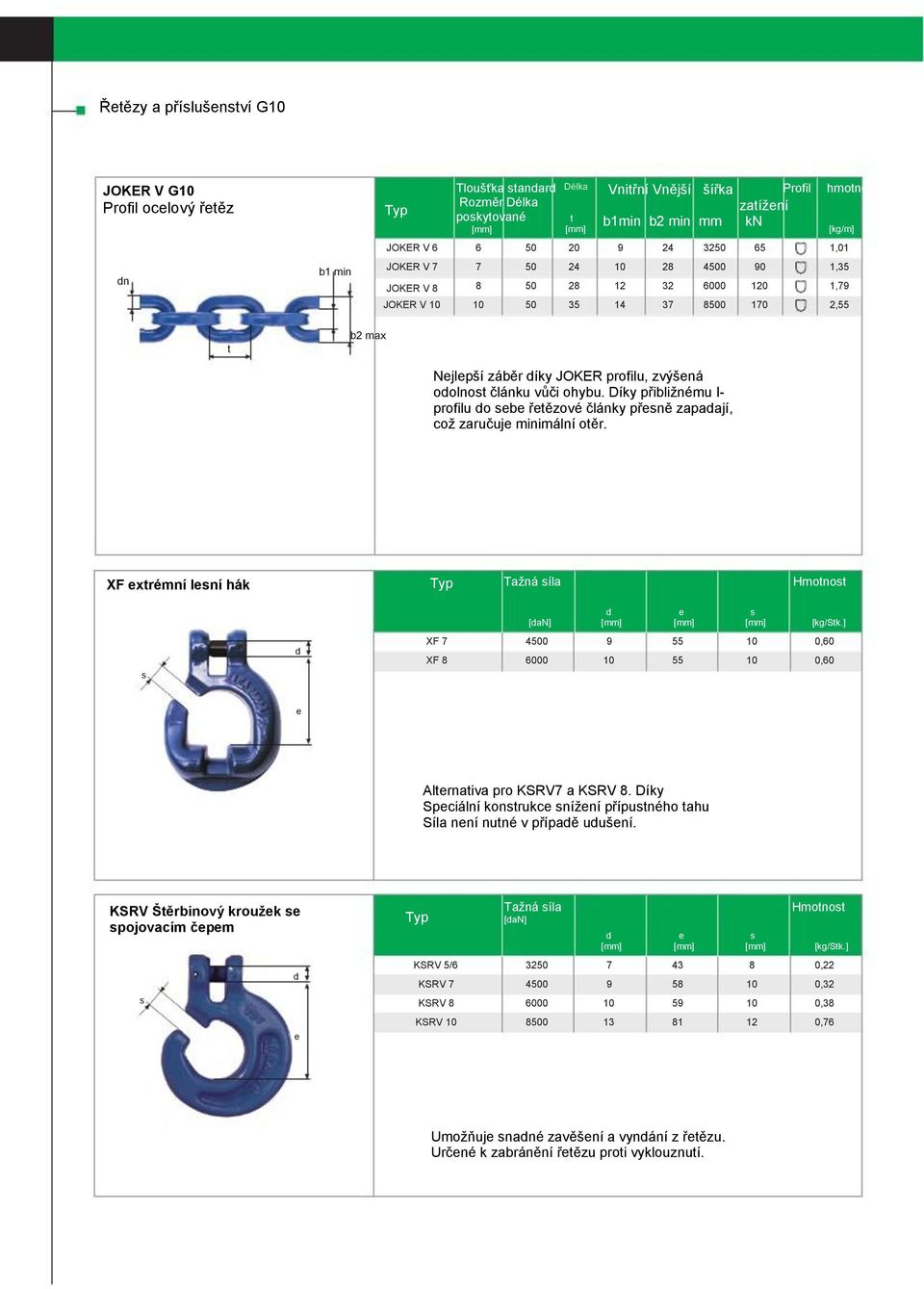 Díky přibižnému I- profiu o sebe řetězové čánky přesně zapaají, což zaručuje minimání otěr. XF extrémní esní hák Tažná sía e s s XF XF 9 55 55 0,60 0,60 e Aternativa pro KSRV a KSRV.