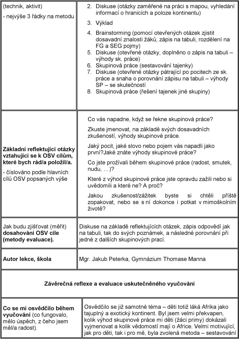 Skupinová práce (sestavování tajenky) 7. Diskuse (otevřené otázky pátrající po pocitech ze sk. práce a snaha o porovnání zápisu na tabuli výhody SP se skutečností 8.