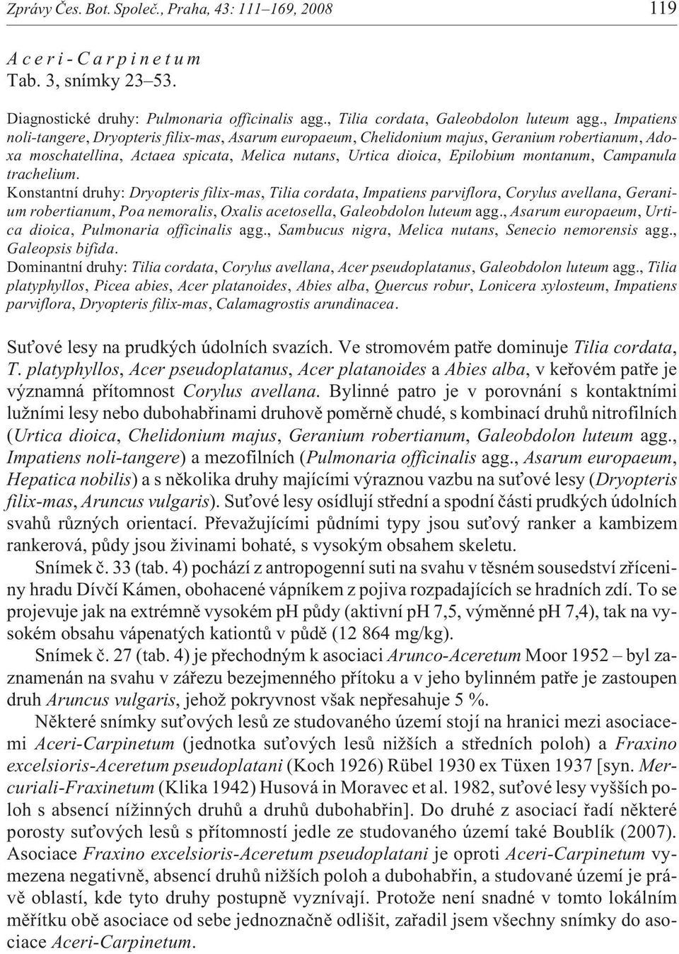 Campanula trachelium. Konstantní druhy: Dryopteris filix-mas, Tilia cordata, Impatiens parviflora, Corylus avellana, Geranium robertianum, Poa nemoralis, Oxalis acetosella, Galeobdolon luteum agg.