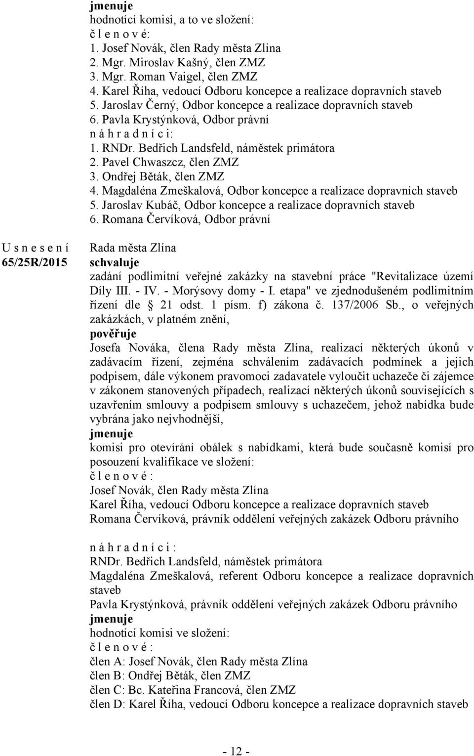 Bedřich Landsfeld, náměstek primátora 2. Pavel Chwaszcz, člen ZMZ 3. Ondřej Běták, člen ZMZ 4. Magdaléna Zmeškalová, Odbor koncepce a realizace dopravních staveb 5.