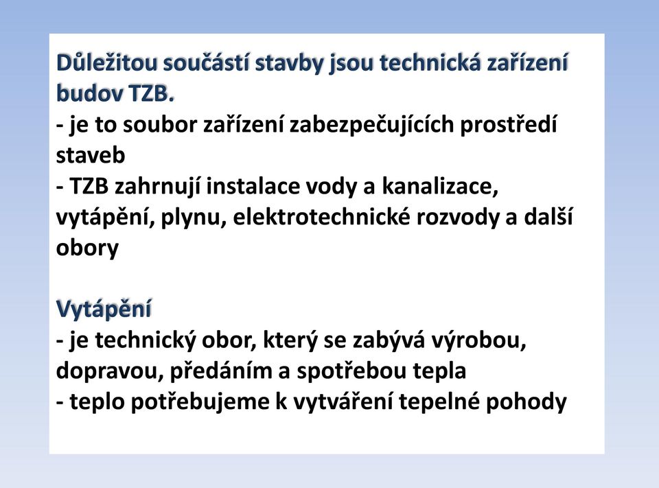 kanalizace, vytápění, plynu, elektrotechnické rozvody a další obory Vytápění - je