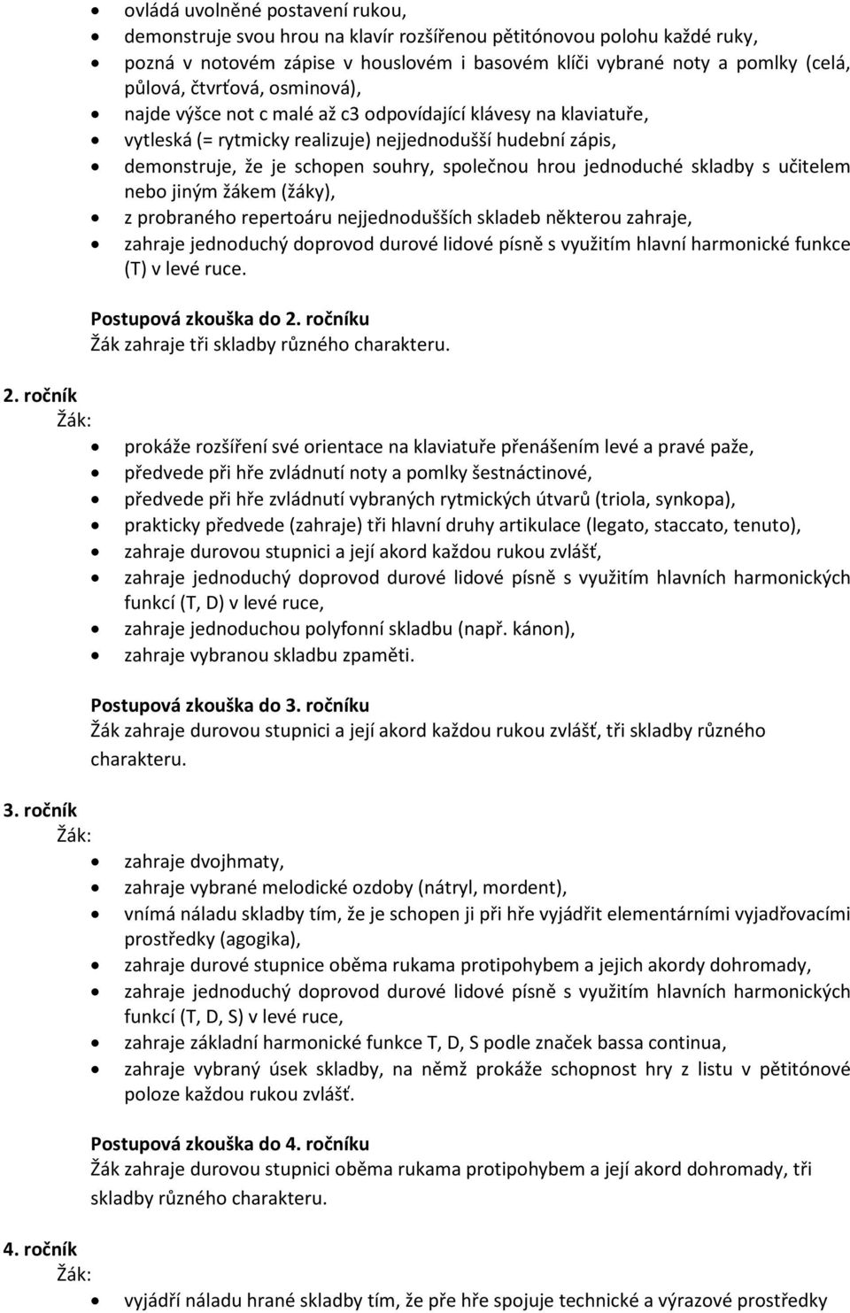 jednoduché skladby s učitelem nebo jiným žákem (žáky), z probraného repertoáru nejjednodušších skladeb některou zahraje, zahraje jednoduchý doprovod durové lidové písně s využitím hlavní harmonické