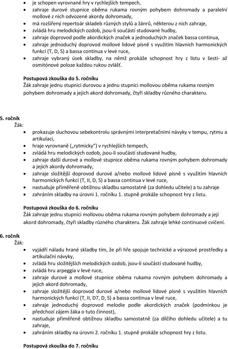 jednoduchý doprovod mollové lidové písně s využitím hlavních harmonických funkcí (T, D, S) a bassa continua v levé ruce, zahraje vybraný úsek skladby, na němž prokáže schopnost hry z listu v šesti-