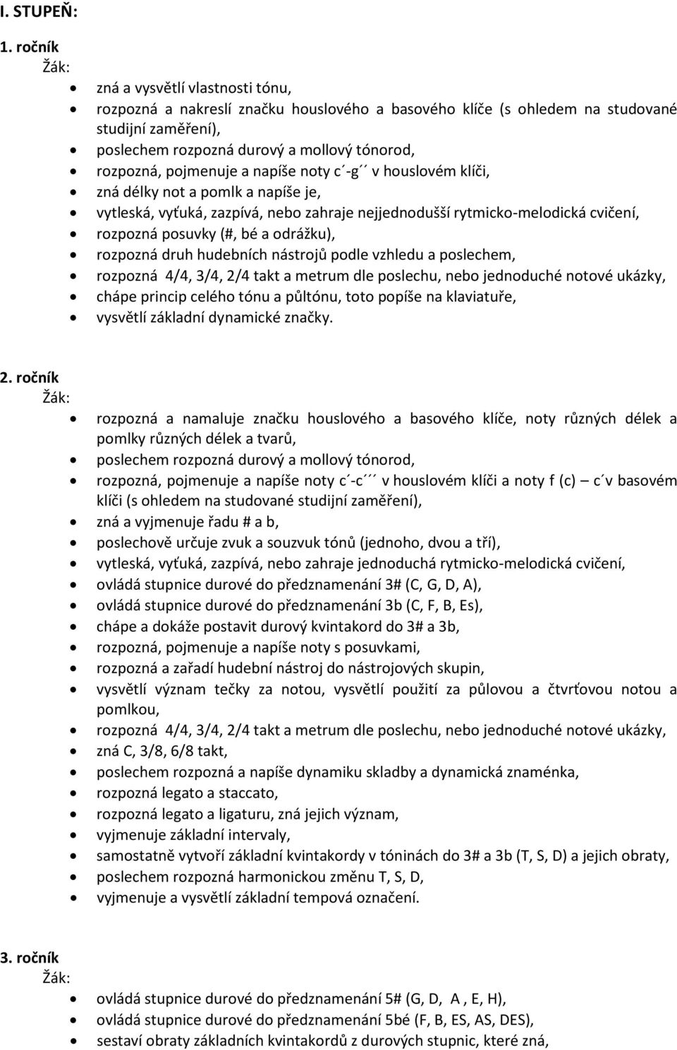 pojmenuje a napíše noty c -g v houslovém klíči, zná délky not a pomlk a napíše je, vytleská, vyťuká, zazpívá, nebo zahraje nejjednodušší rytmicko-melodická cvičení, rozpozná posuvky (#, bé a