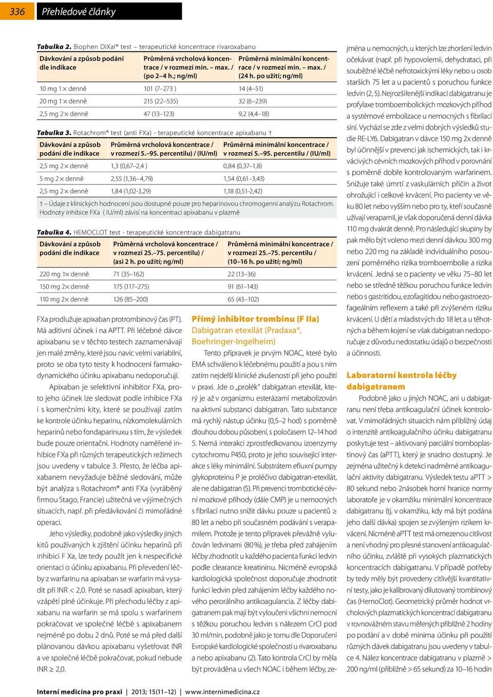 Apixaban je selektivní inhibitor FXa, proto jeho účinek lze sledovat podle inhibice FXa i s komerčními kity, které se používají zatím ke kontrole účinku heparinu, nízkomolekulárních heparinů nebo