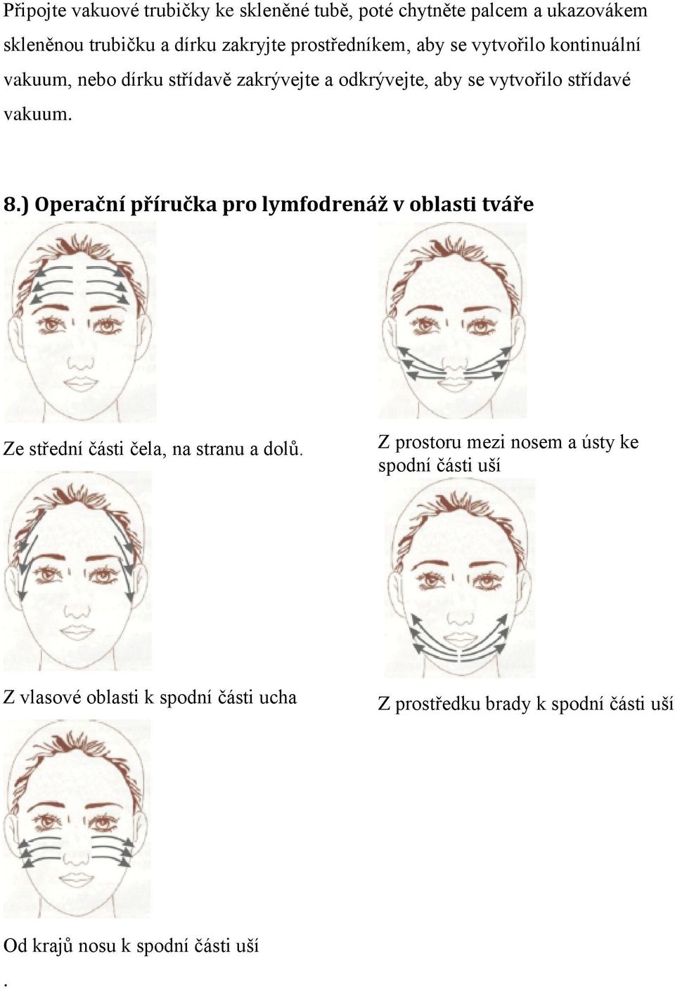 vakuum. 8.) Operační příručka pro lymfodrenáž v oblasti tváře Ze střední části čela, na stranu a dolů.