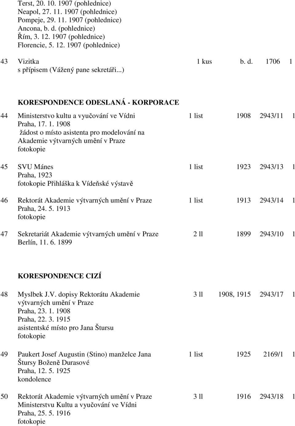 modelování na Akademie výtvarných umění v Praze 45 SVU Mánes 1 list 1923 2943/13 1 Praha, 1923 Přihláška k Vídeňské výstavě 46 Rektorát Akademie výtvarných umění v Praze 1 list 1913 2943/14 1 Praha,