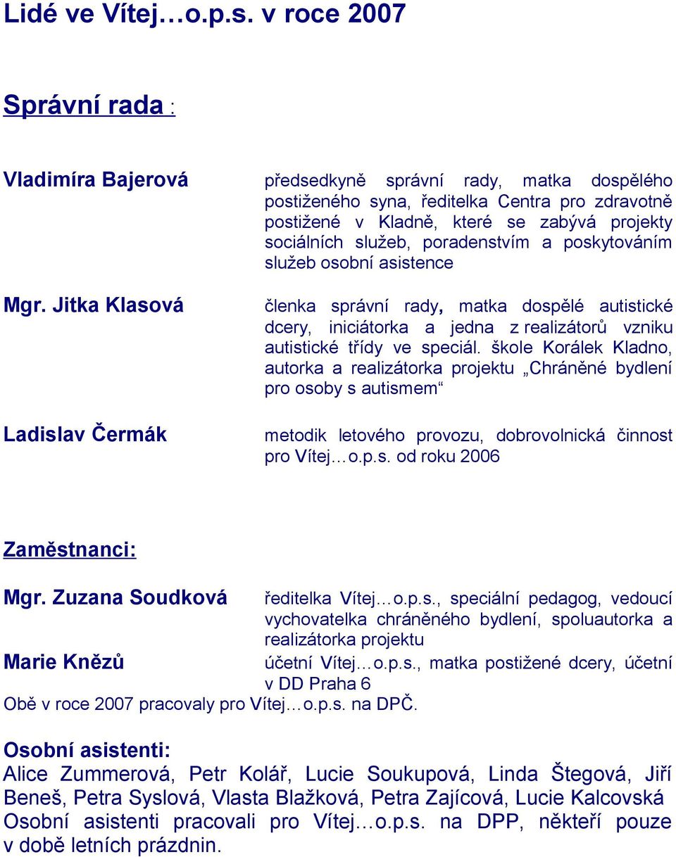 poskytováním služeb osobní asistence členka správní rady, matka dospělé autistické dcery, iniciátorka a jedna z realizátorů vzniku autistické třídy ve speciál.