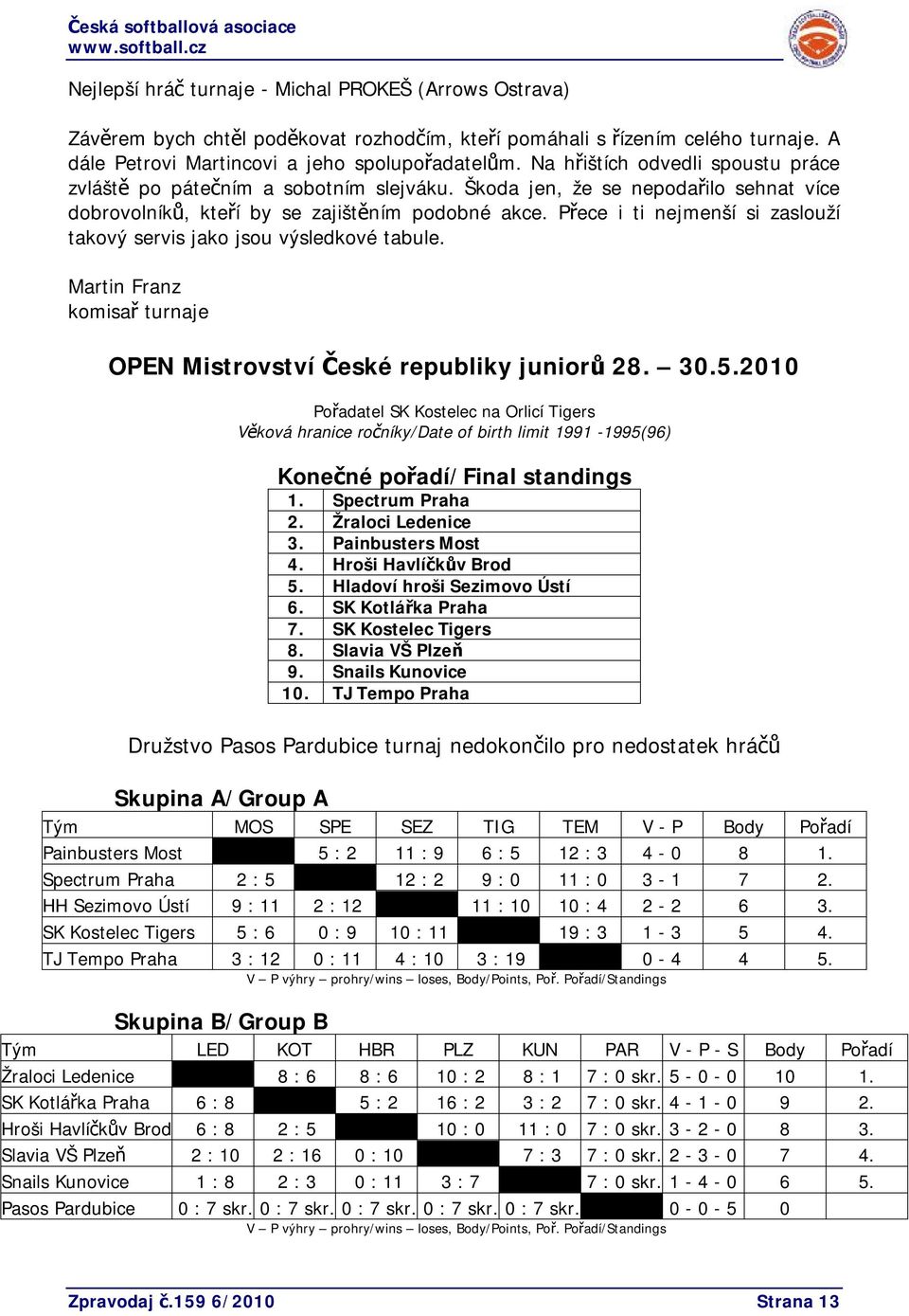 Přece i ti nejmenší si zaslouží takový servis jako jsou výsledkové tabule. Martin Franz komisař turnaje OPEN Mistrovství České republiky juniorů 28. 30.5.