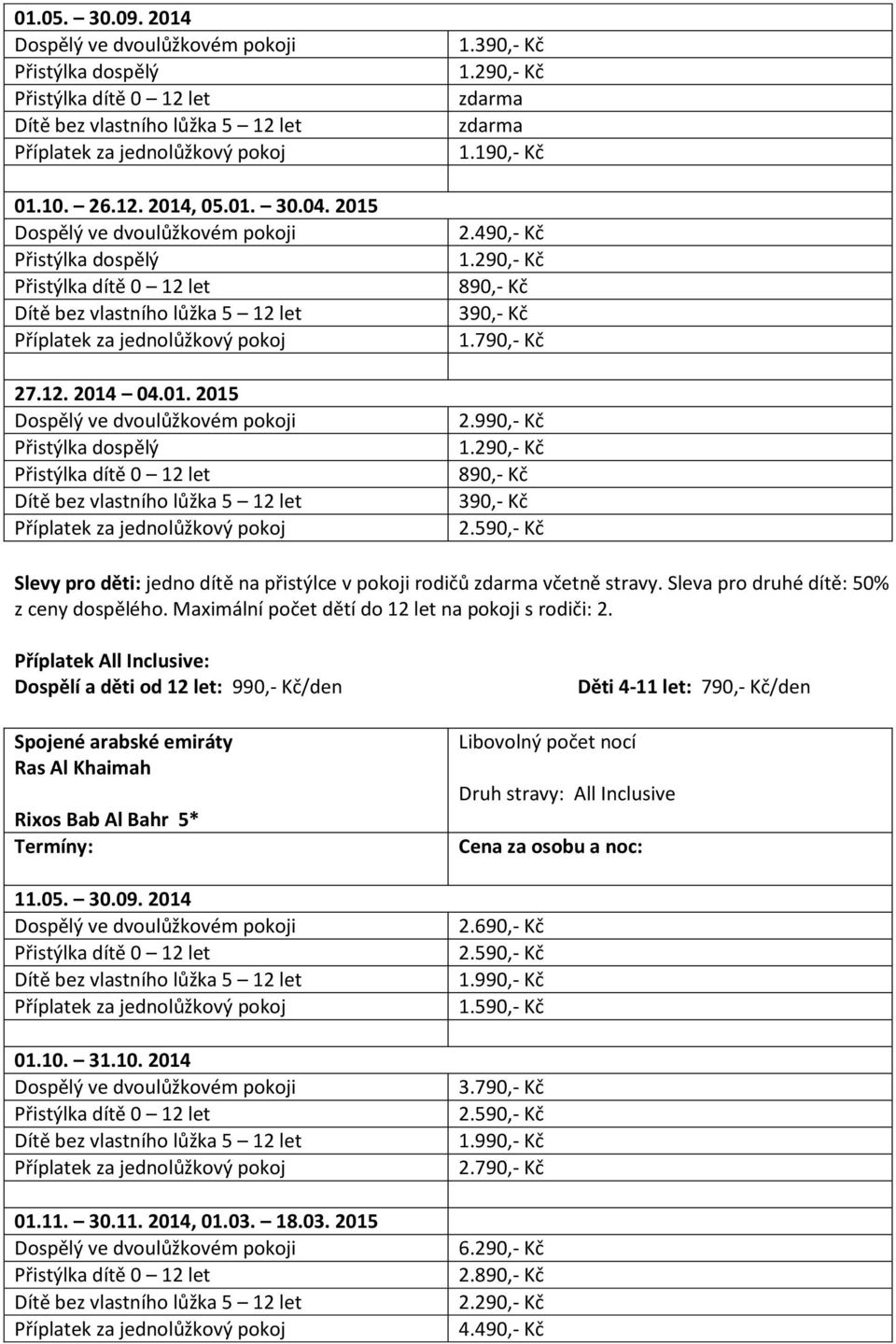 Příplatek All Inclusive: Dospělí a děti od 12 let: /den Spojené arabské emiráty Ras Al Khaimah Rixos Bab Al Bahr 5* Termíny: 11.05. 30.09. 2014 01.10. 31.10. 2014 01.11. 30.11. 2014, 01.