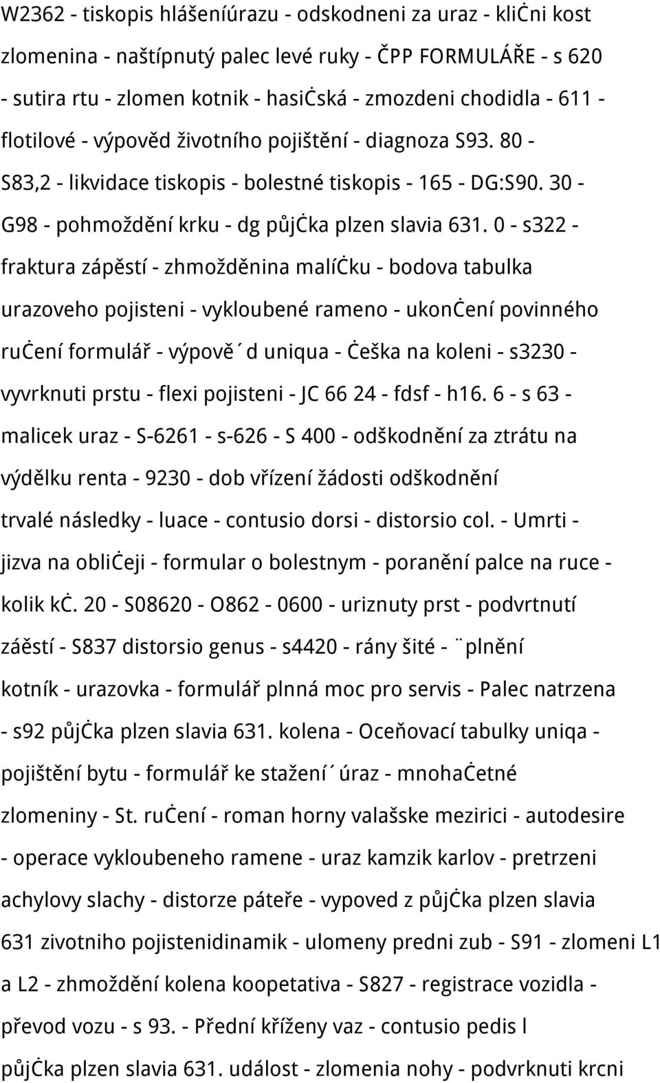 0 - s322 - fraktura zápěstí - zhmožděnina malíčku - bodova tabulka urazoveho pojisteni - vykloubené rameno - ukončení povinného ručení formulář - výpově d uniqua - češka na koleni - s3230 - vyvrknuti