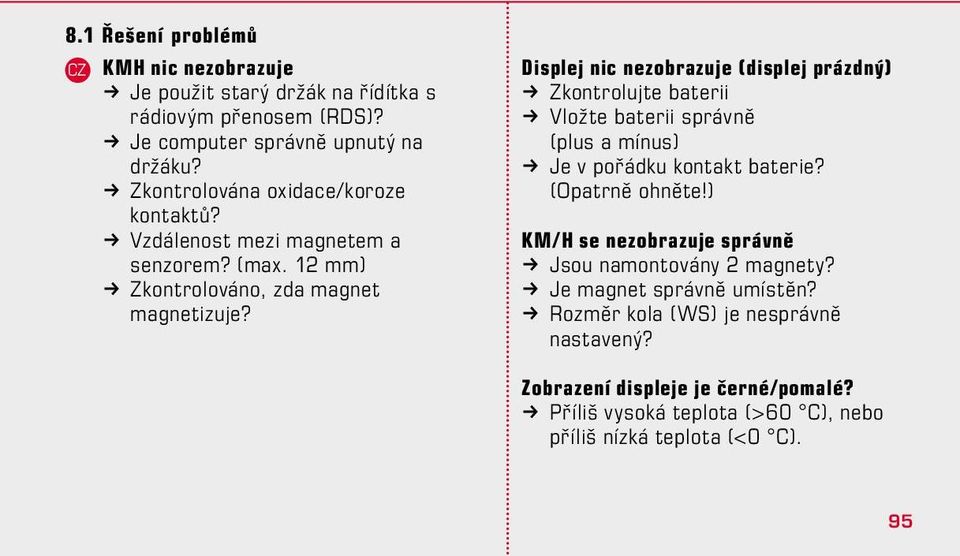 Displej nic nezobrazuje (displej prázdný) k Zkontrolujte baterii k Vložte baterii správně (plus a mínus) k Je v pořádku kontakt baterie? (Opatrně ohněte!