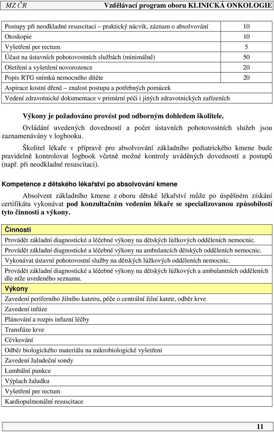 Výkony je požadováno provést pod odborným dohledem školitele. Ovládání uvedených dovedností a počet ústavních pohotovostních služeb jsou zaznamenávány v logbooku.