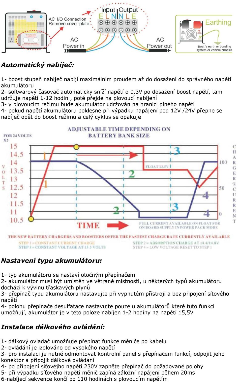 12V /24V přepne se nabíječ opět do boost režimu a celý cyklus se opakuje Nastavení typu akumulátoru: 1- typ akumulátoru se nastaví otočným přepínačem 2- akumulátor musí být umístěn ve větrané