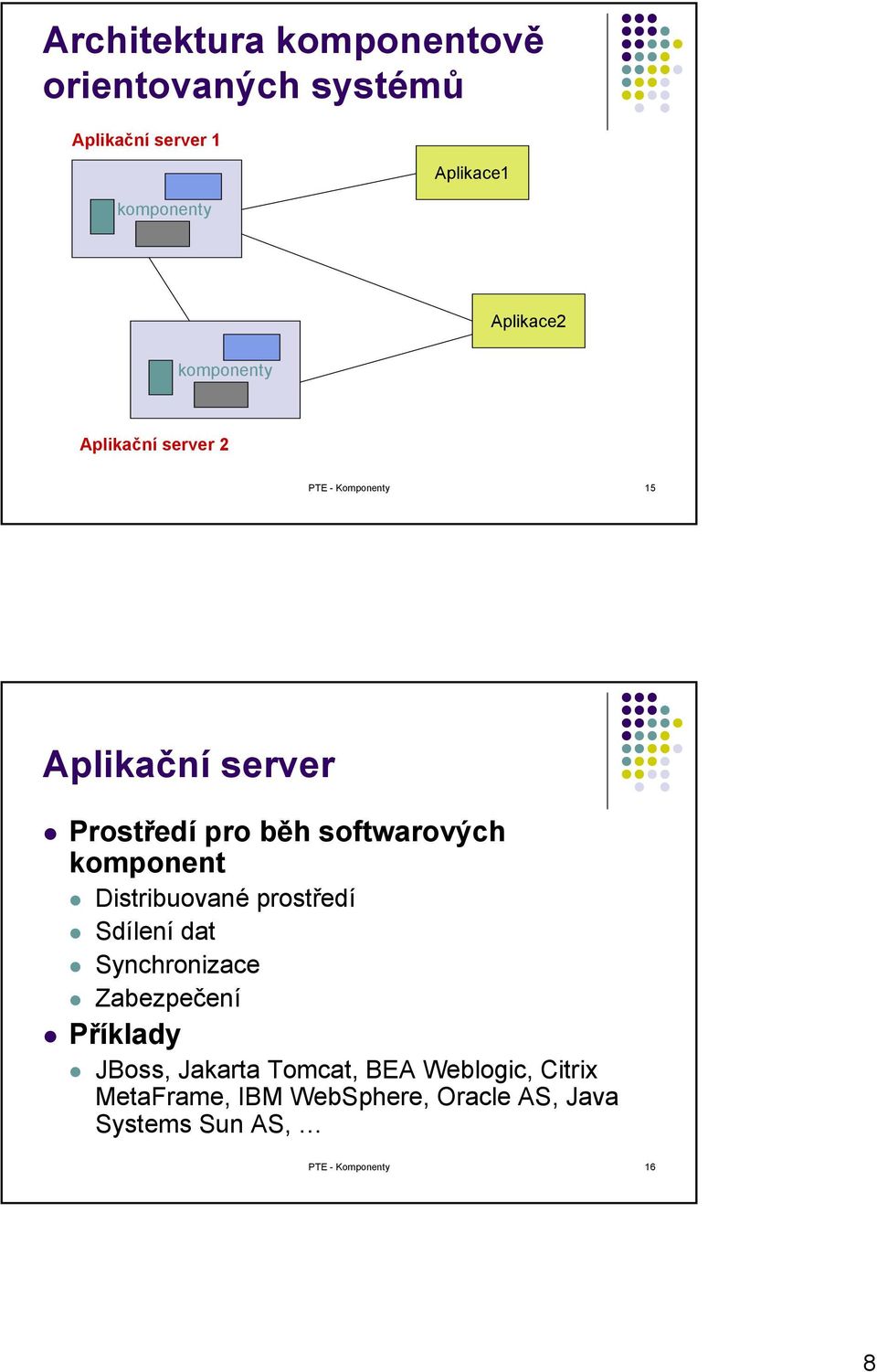 komponent Distribuované prostředí Sdílení dat Synchronizace Zabezpečení Příklady JBoss, Jakarta