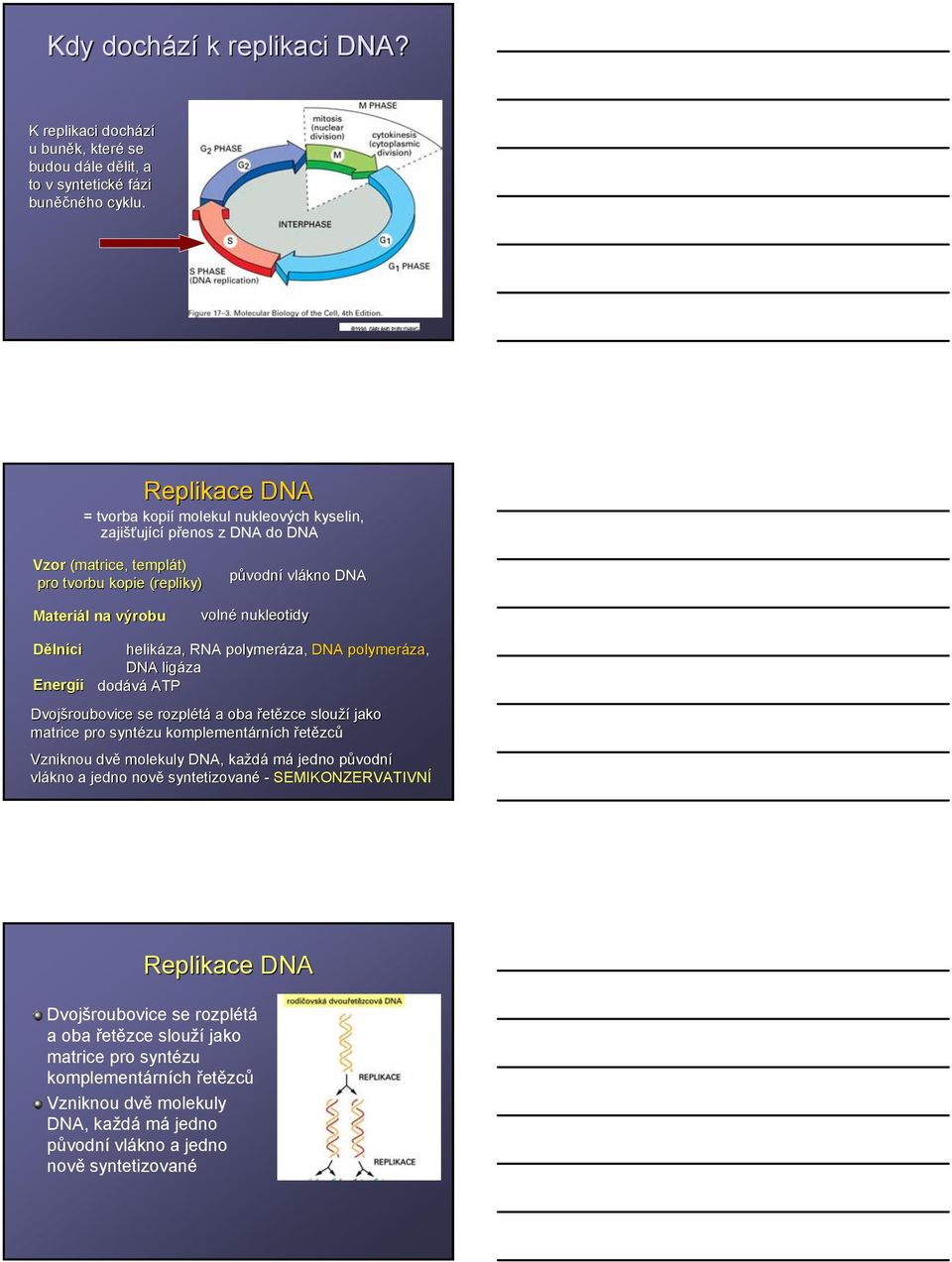 Dělníci Energii helikáza za,, RNA polymeráza za, DNA polymeráza za, DNA ligáza dodává ATP Dvojšroubovice se rozplétá a oba řetězce slouží jako matrice pro syntézu komplementárn rních řetězců Vzniknou
