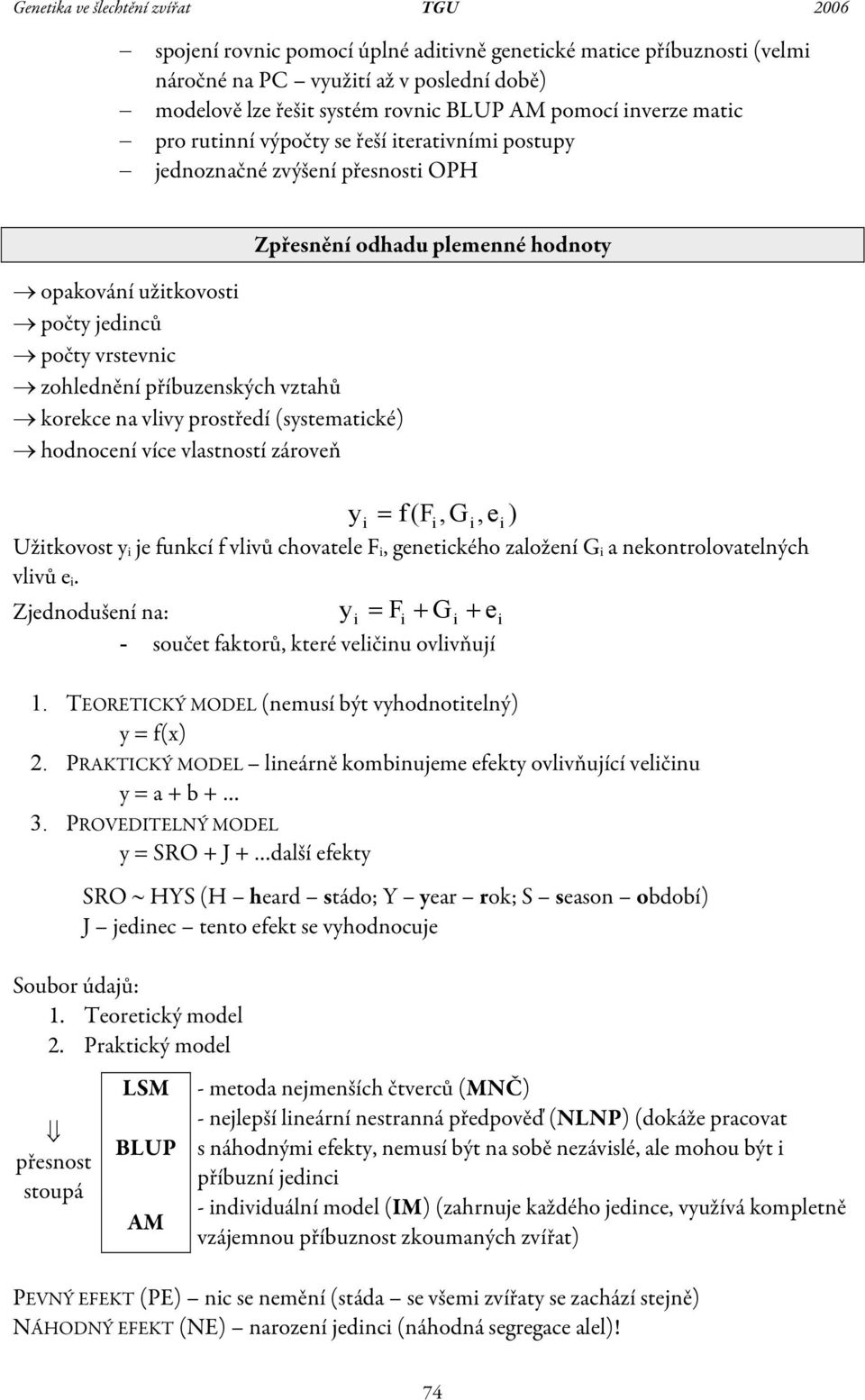 prostředí (sstematické) hodnocení více vlastností zároveň Zpřesnění odhadu plemenné hodnot i = f (F i,g i,ei ) Užitkovost i je funkcí f vlivů chovatele F i, genetického založení G i a