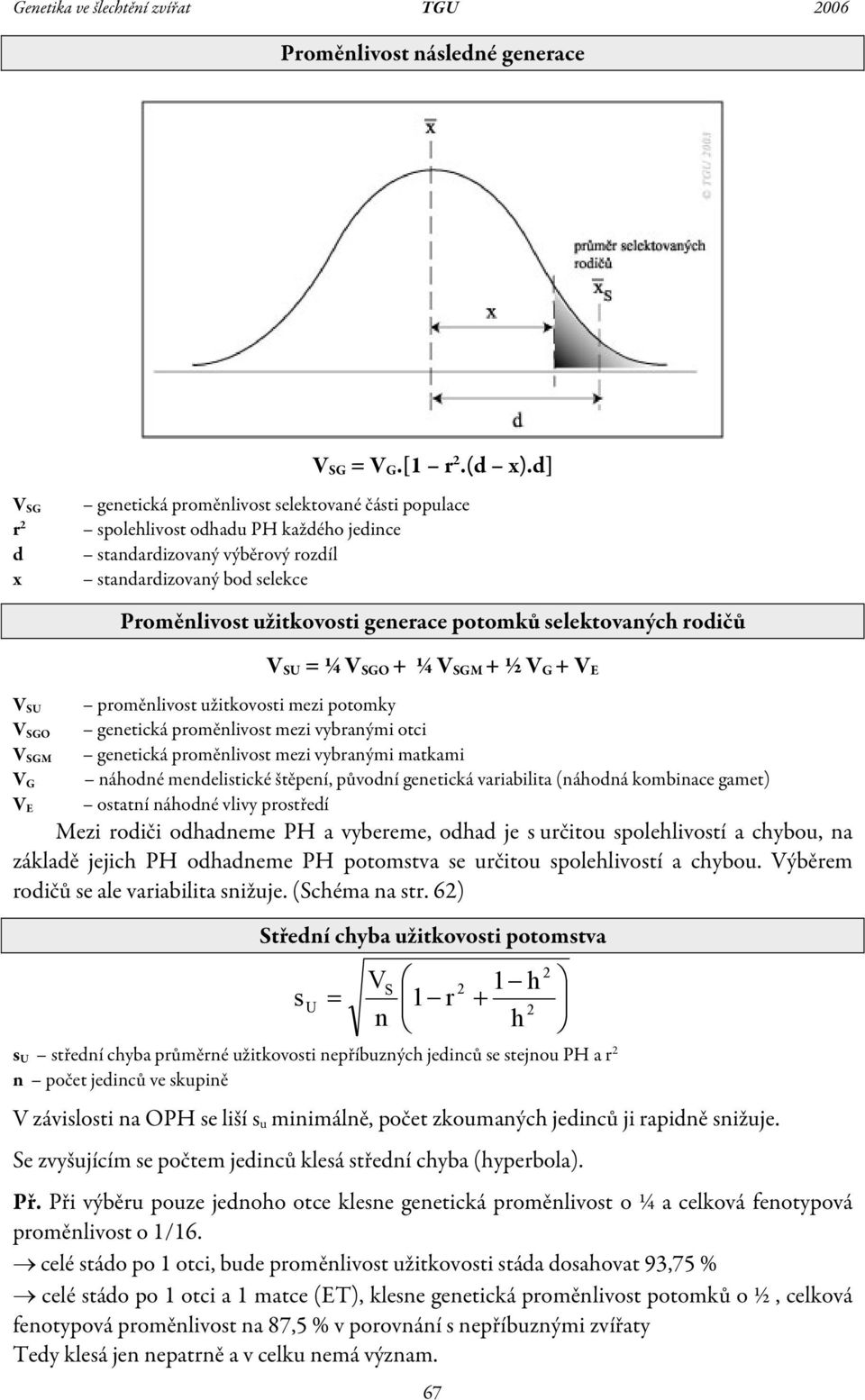 potomků selektovaných rodičů V SU V SGO V SGM V G V E V SU = ¼ V SGO + ¼ V SGM + ½ V G + V E proměnlivost užitkovosti mezi potomk genetická proměnlivost mezi vbranými otci genetická proměnlivost mezi