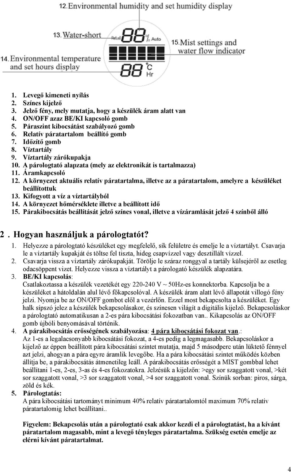 A környezet aktuális relatív páratartalma, illetve az a páratartalom, amelyre a készüléket beállítottuk 13. Kifogyott a víz a víztartályból 14. A környezet hőmérséklete illetve a beállított idő 15.