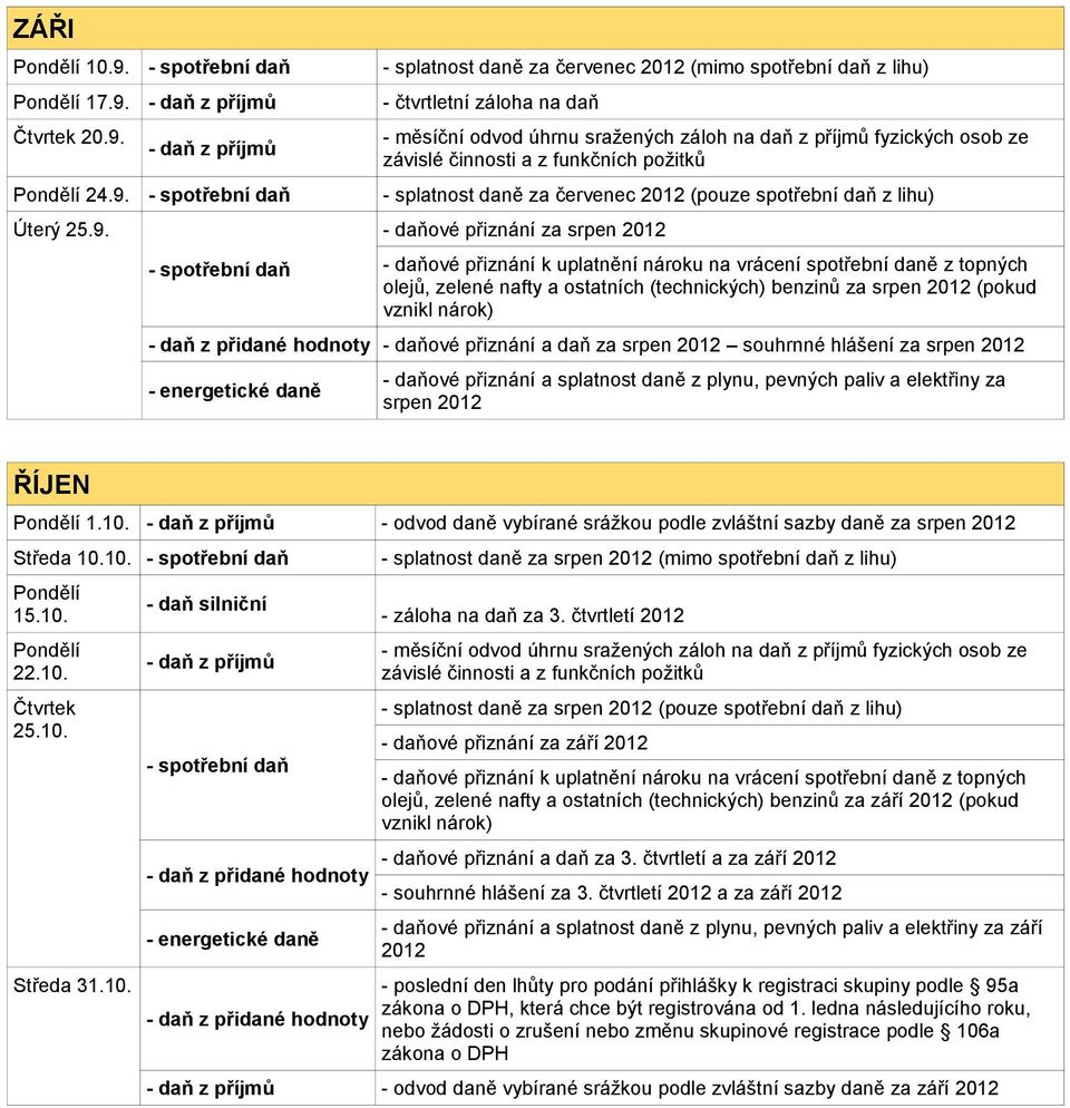 přiznání za srpen 2012 olejů, zelené nafty a ostatních (technických) benzinů za srpen 2012 (pokud - daňové přiznání a daň za srpen 2012 souhrnné hlášení za srpen 2012 srpen 2012 ŘÍJEN 1.10.