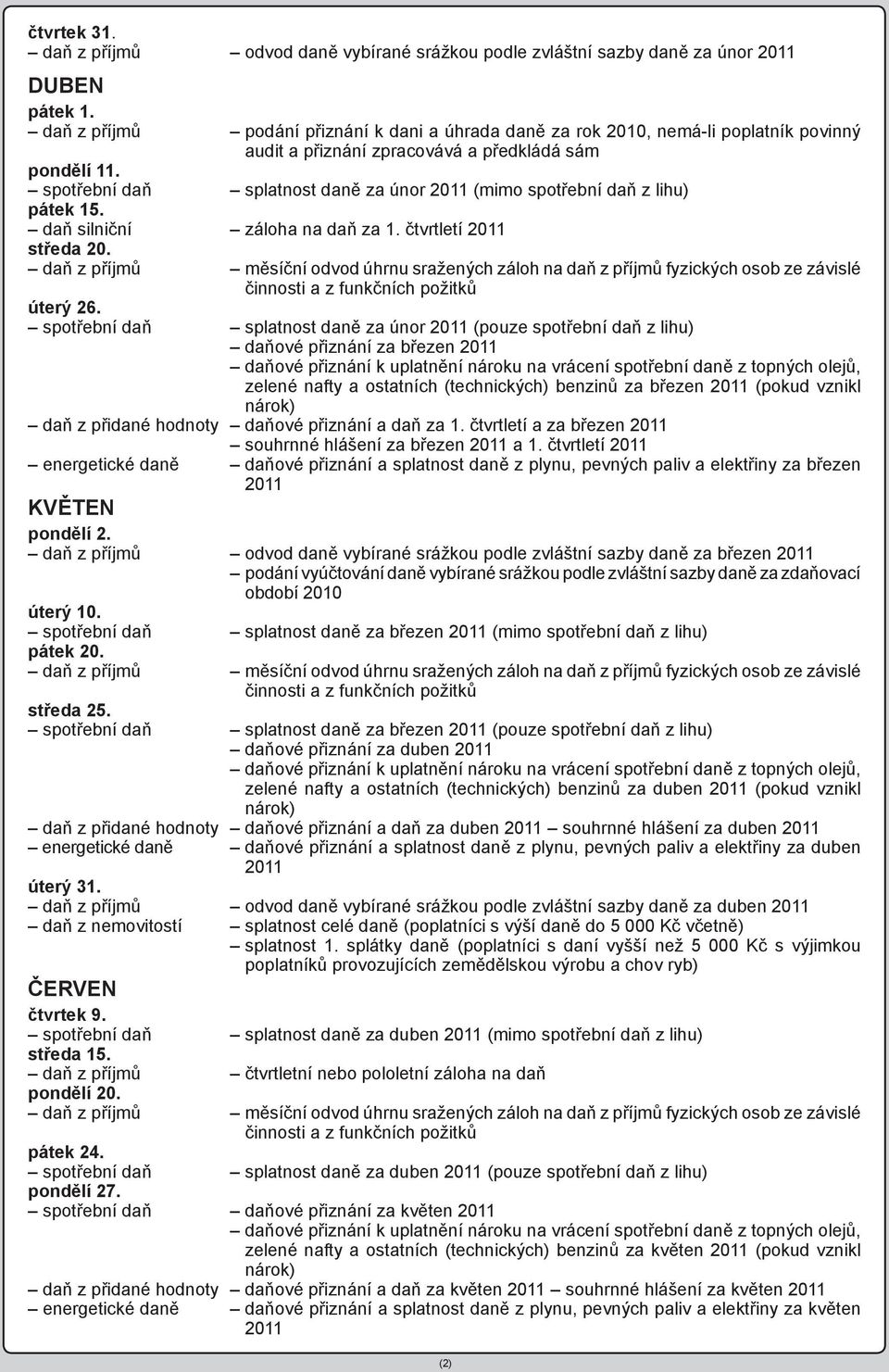 spotřební daň splatnost daně za únor (mimo spotřební daň z lihu) pátek 15. daň silniční záloha na daň za 1. čtvrtletí středa 20. úterý 26.
