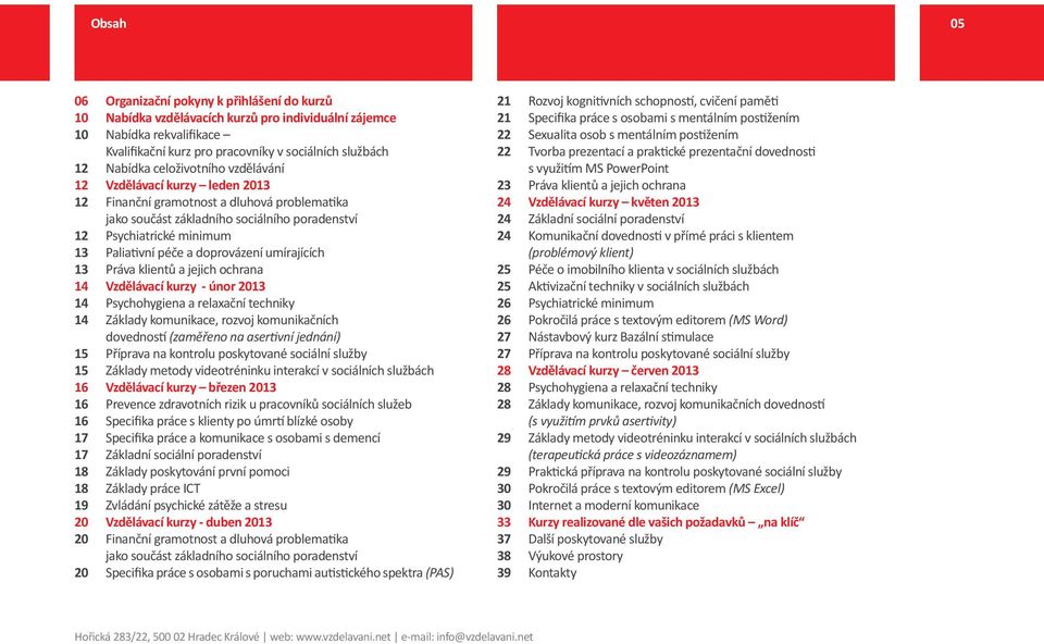 poradenství Psychiatrické minimum Paliativní péče a doprovázení umírajících Práva klientů a jejich ochrana Vzdělávací kurzy - únor 2013 Psychohygiena a relaxační techniky Základy komunikace, rozvoj