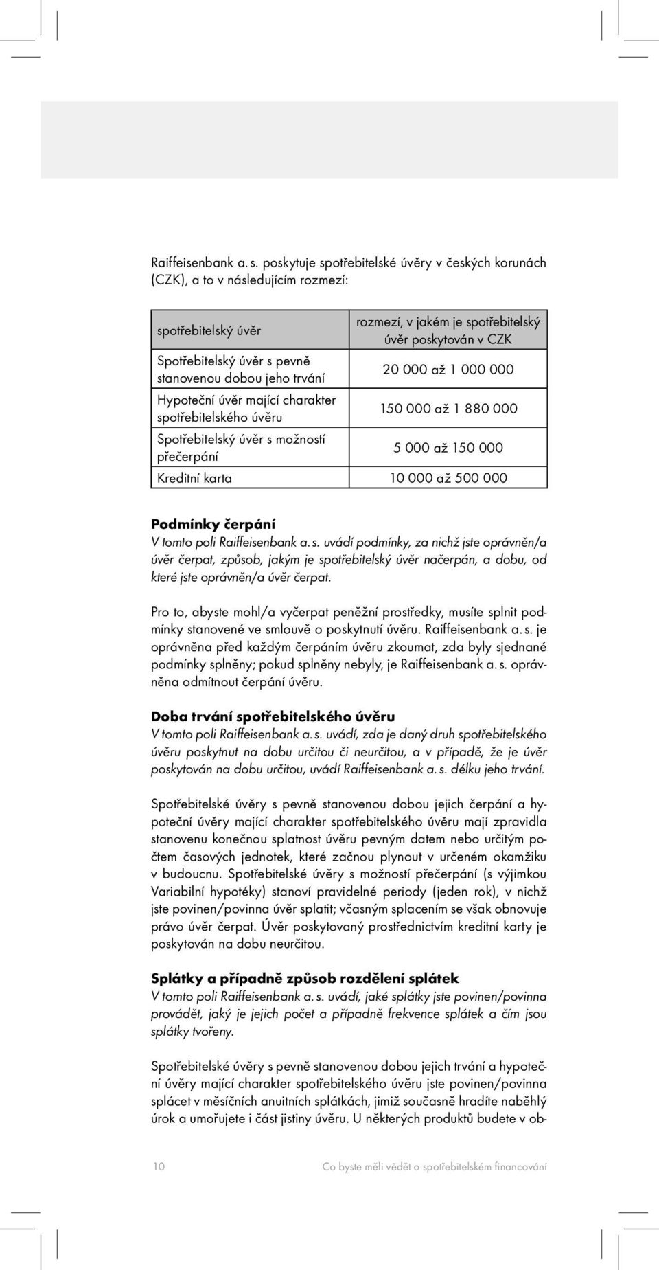 stanovenou dobou jeho trvání 20 000 až 1 000 000 Hypoteční úvěr mající charakter spotřebitelského úvěru 150 000 až 1 880 000 Spotřebitelský úvěr s možností přečerpání 5 000 až 150 000 Kreditní karta