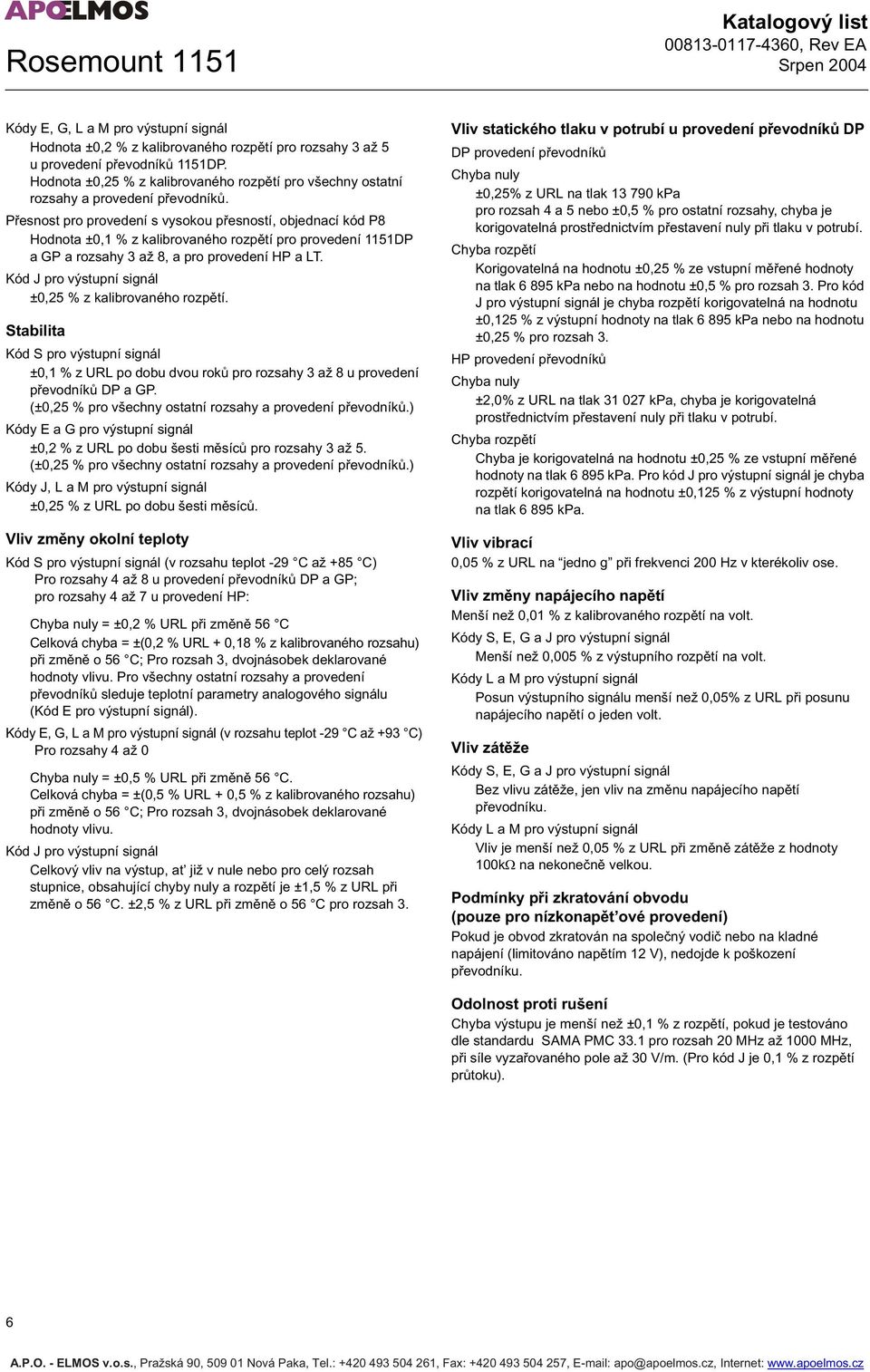 Pesnost pro provedení s vysokou pesností, objednací kód P8 Hodnota ±0,1 % z kalibrovaného rozptí pro provedení 1151DP a GP a rozsahy 3 až 8, a pro provedení HP a LT.