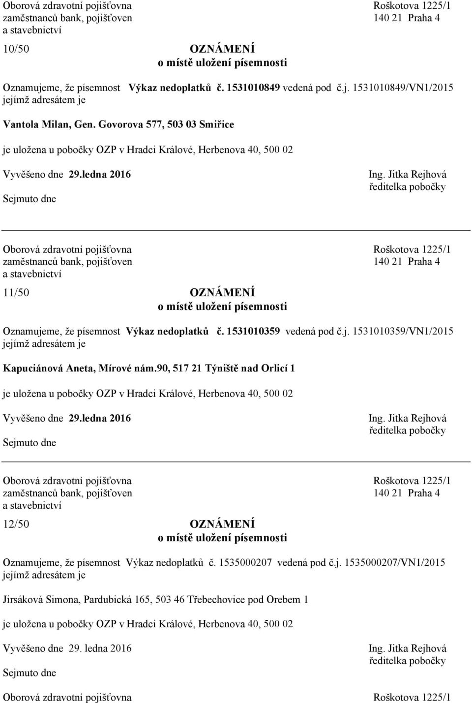 90, 517 21 Týniště nad Orlicí 1 12/50 OZNÁMENÍ Oznamuje