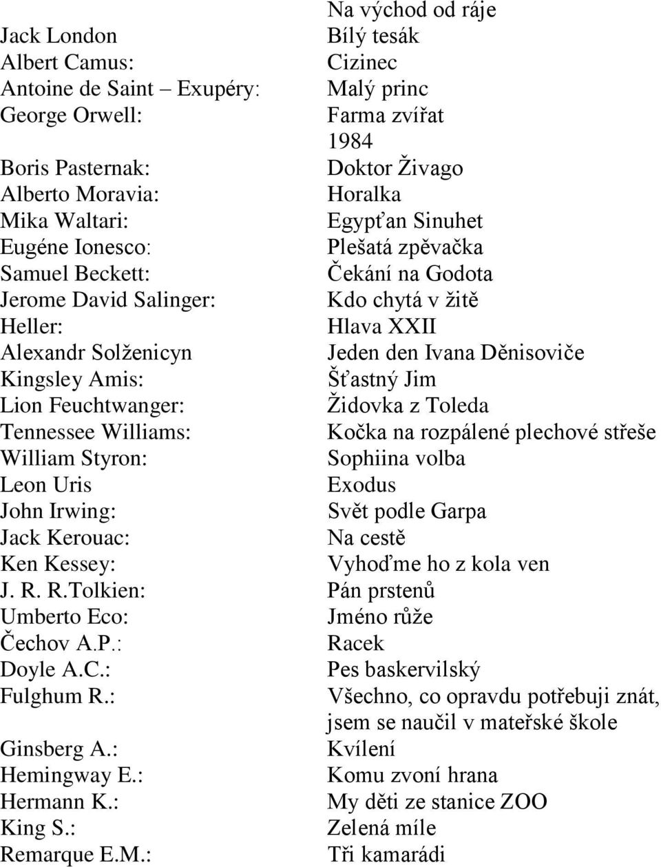 Kingsley Amis: Šťastný Jim Lion Feuchtwanger: Ţidovka z Toleda Tennessee Williams: Kočka na rozpálené plechové střeše William Styron: Sophiina volba Leon Uris Exodus John Irwing: Svět podle Garpa