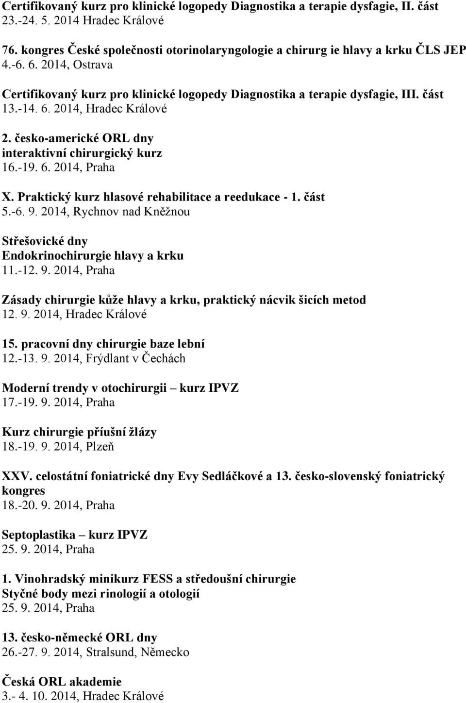 6. 2014, Praha X. Praktický kurz hlasové rehabilitace a reedukace - 1. část 5.-6. 9. 2014, Rychnov nad Kněžnou Střešovické dny Endokrinochirurgie hlavy a krku 11.-12. 9. 2014, Praha Zásady chirurgie kůže hlavy a krku, praktický nácvik šicích metod 12.