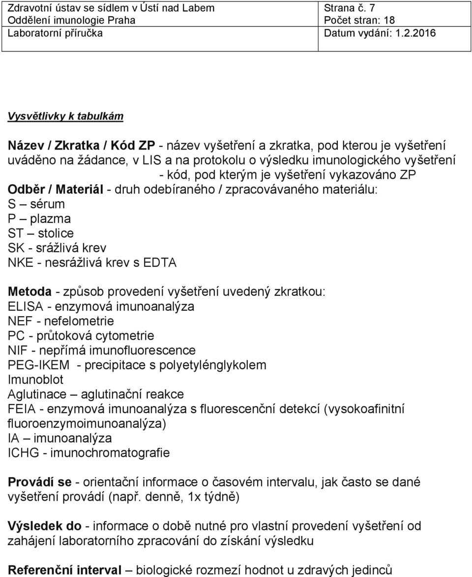 je vyšetření vykazováno ZP Odběr / Materiál - druh odebíraného / zpracovávaného materiálu: S sérum P plazma ST stolice SK - srážlivá krev NKE - nesrážlivá krev s EDTA Metoda - způsob provedení