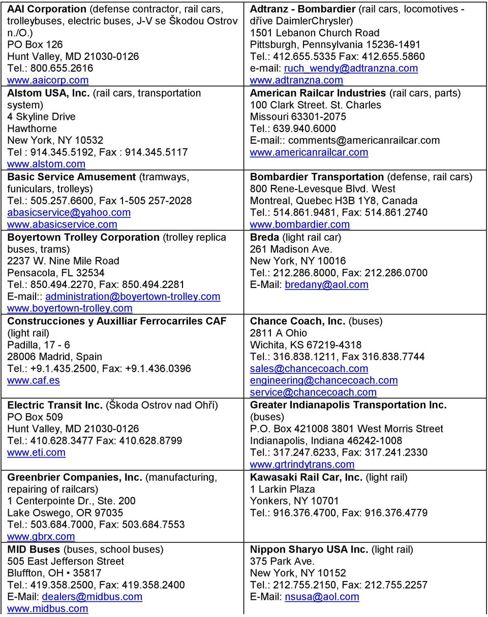 6600, Fax -505 257-2028 abasicservice@yahoo.com www.abasicservice.com Boyertown Trolley Corporation (trolley replica buses, trams) 2237 W. Nine Mile Road Pensacola, FL 32534 Tel.: 850.494.