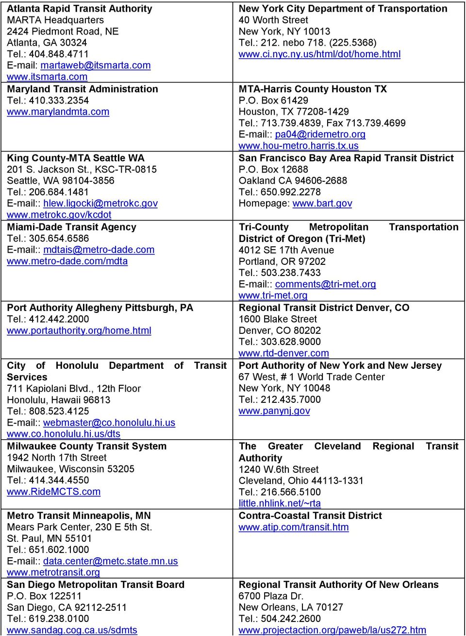 : 305.654.6586 E-mail:: mdtais@metro-dade.com www.metro-dade.com/mdta Port Authority Allegheny Pittsburgh, PA Tel.: 42.442.2000 www.portauthority.org/home.