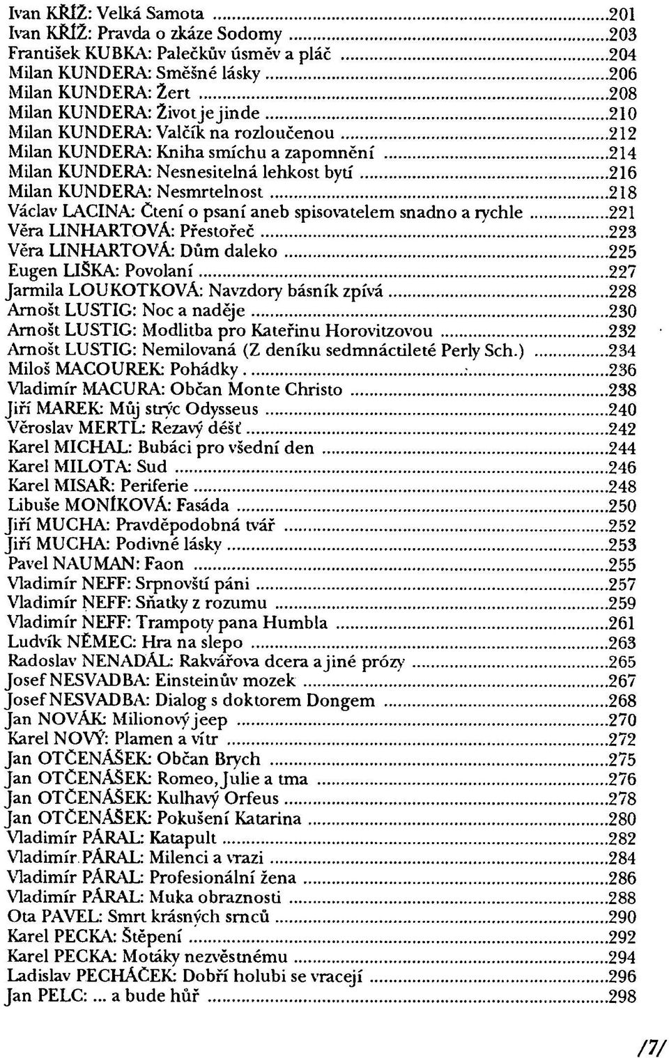 spisovatelem snadno a rychle 221 Věra LINHARTOVÁ: Přestořeč 223 Věra LINHARTOVÁ: Dům daleko 225 Eugen LIŠKA: Povolaní 227 Jarmila LOUKOTKOVÁ: Navzdory básník zpívá 228 Arnošt LUSTIG: Noc a naděje 230